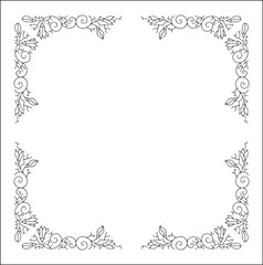 Black and white vegetal ornamental frame with leaves and magnolia flowers, decorative border, corners for greeting cards, banners, business cards, invitations, menus. Isolated vector illustration.	
