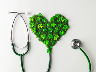 A green heart shaped stethoscope and a shamrock. - Powered by Adobe