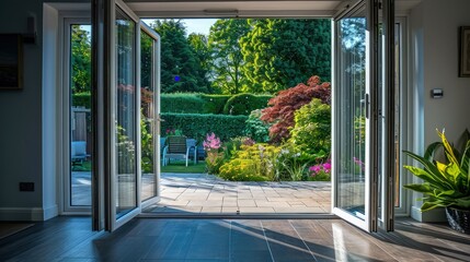 view from the window in home garden with green trees and colorful flowers 