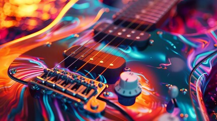 Close-up of a guitar, its strings alive with colorful, abstract energy in vibrant 4K detail - obrazy, fototapety, plakaty