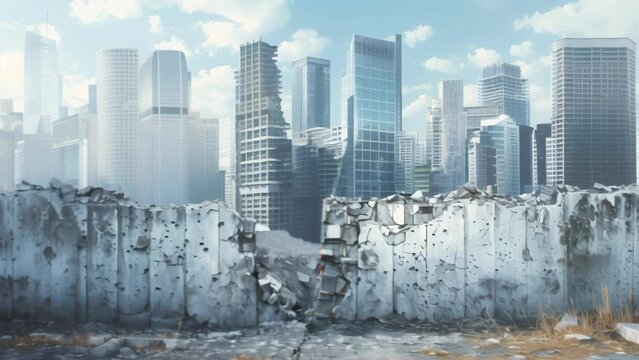 Modern skyscrapers tower behind the dilapidated ruins in the foreground. 