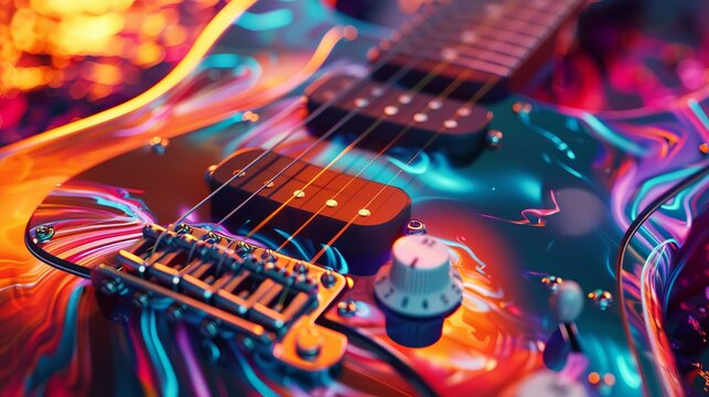 Close-up of a guitar, its strings alive with colorful, abstract energy in vibrant 4K detail