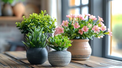 Fototapeta na wymiar Potted Indoor Plants on Wooden Table