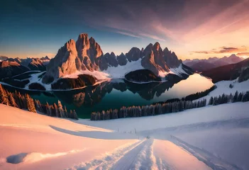Schilderijen op glas sunrise over the mountains © Fozia