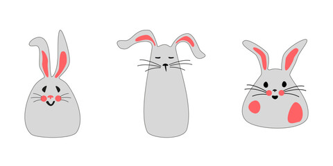 Set of cute gray rabbits with pink ears. Easter bunnies for printing on childrens products, stickers and cards on a white background. Cartoon isolated Vector illustration.