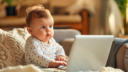 Cute little baby using laptop, kids and technology, looking at screen, toddler background, template wallpaper