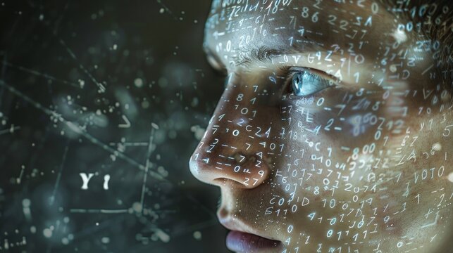 A young man gazes out from the portrait his expression serene and enigmatic as his pale skin is decorated with intricate equations and numerical patterns. .