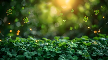 a group of green shamrocks floating in the air with lights on them and a green background with a green light - obrazy, fototapety, plakaty