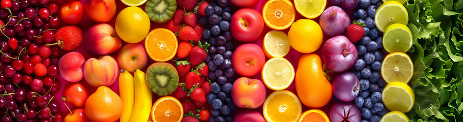Vivid mosaic of fresh fruits and vegetables creating a rainbow spectrum, a vibrant display of healthy, colorful produce.
 - obrazy, fototapety, plakaty