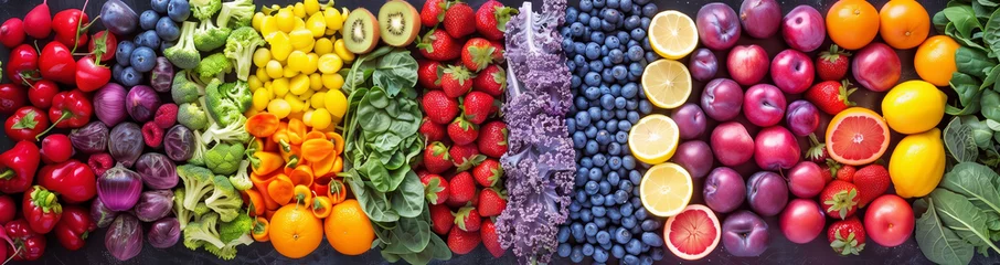 Foto op Plexiglas Vivid mosaic of fresh fruits and vegetables creating a rainbow spectrum, a vibrant display of healthy, colorful produce.  © Aleksandra