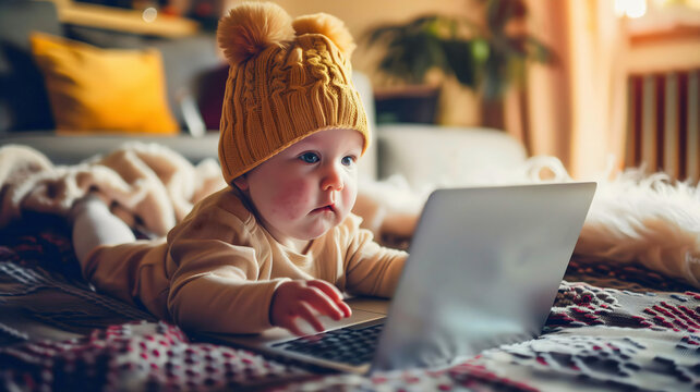 Fototapeta Cute little baby using laptop, kids and technology, looking at screen, toddler background, template wallpaper
