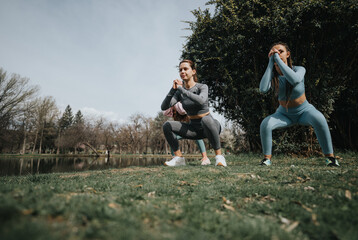 Obraz premium Outdoor fitness session by the lake, two women in athletic wear squatting in harmony with nature.
