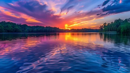 sunset over a serene lake, with colorful reflections shimmering on the water - obrazy, fototapety, plakaty