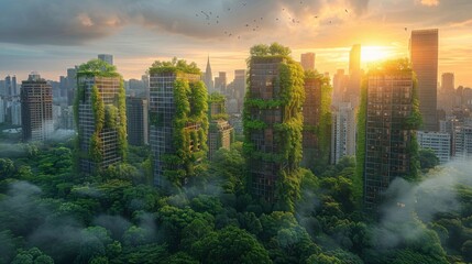 the city skyline covered in plants, clouds and trees with birds flying over it - obrazy, fototapety, plakaty