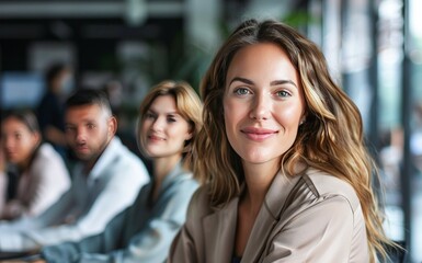 Fototapeta premium Confident Business Woman Smiling at the Camera in a Busy Office Environment