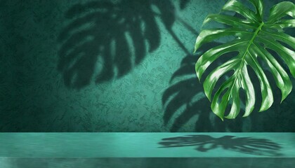 Timeless Elegance: Monstera Leaves Shadow on Dark Green Background