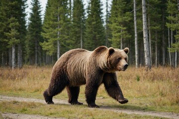 Tracking shot of adult furry brown bear walking and standing on ground in nature reserve on daytime
