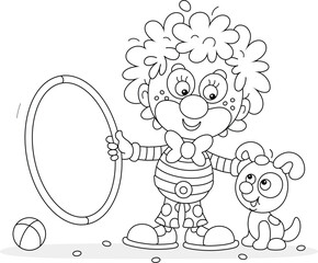 Funny curly-headed clown with a toy hoop playing with his cheerful small puppy in a fun circus performance, black and white vector cartoon illustration for a coloring book