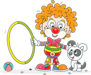 Funny red clown with a toy hoop playing with his cheerful small puppy in a fun circus performance, vector cartoon illustration on a white background