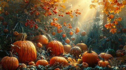 Festive fall bounty, pumpkins amidst sunlit glow - obrazy, fototapety, plakaty