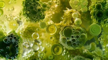 An abstract illustration of various types of algae showcasing how their oil content can be extracted and converted into biofuel. . - obrazy, fototapety, plakaty
