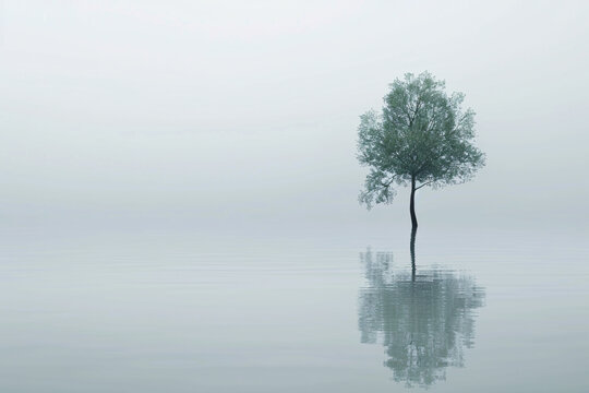 Tree by the serene lake, shrouded in fog, reflecting in calm waters, amidst nature's tranquil beauty