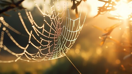 A macro image capturing the delicate details of a dew-covered spider web glistening in the morning sunlight