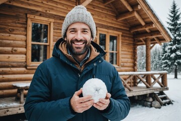 Portrait of happy man holding snowball while standing by log cabin during winter - Powered by Adobe