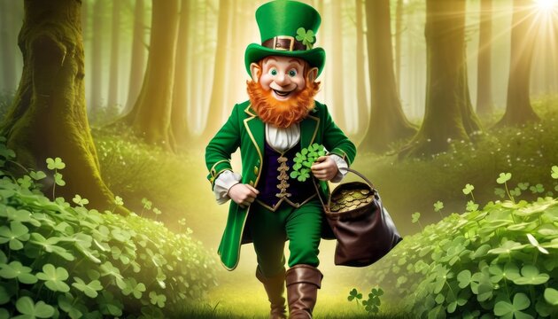 A cheerful leprechaun holds a pot of gold in a magical clover forest, a classic symbol of luck and wealth. AI Generation