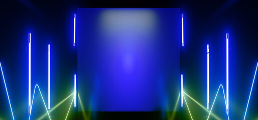 Sci Fi Futuristic Podium Showcase Room Stage Grunge Garage Big Display Neon Laser Glowing Lines Blue Green Color Empty Corridor Tunnel 3D Rendering - 783579931