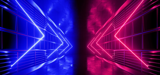 Futuristic Sci Fi Neon Laser Glowing Red Blue Arrow Shaped Beams Tunnel Corridor Warehouse Cement Floor Metal Construction Showroom 3d Rendering - 783579945