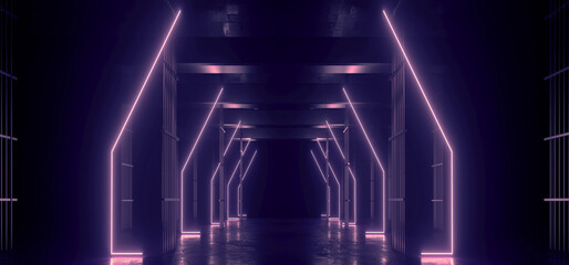 Neon Lights Grunge Sci Fi Stage Showroom Tunnel Corridor Underground Garage Car Room Cement Asphalt Concrete Brick Wall Realistic Orange Cyber Background 3D Rendering - 783579974