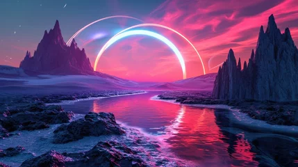 Fotobehang The great pink floating circle beyond the river that surrounded with a lot amount of the tall mountains at the dawn or dusk time of the day that shine light to the every part of the picture. AIGX03. © Summit Art Creations