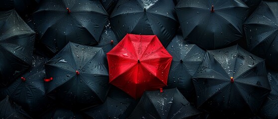 A singular red in a crowd of black umbrellas