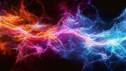 The intense energy of electric plasma arcs illuminates a pitch black environment with a colorful glow.
