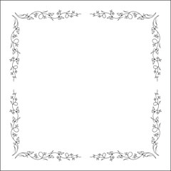 Black and white vegetal ornamental frame with leaves and butterflies, decorative border, corners for greeting cards, banners, business cards, invitations, menus. Isolated vector illustration.	
