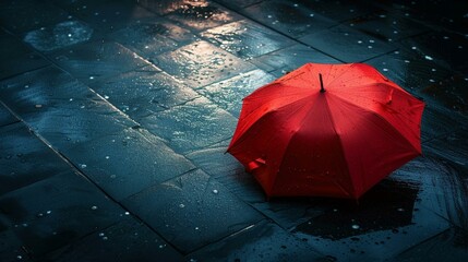 A lone red umbrella, a bright spot in the dark