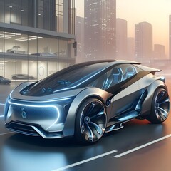 Futuristic generic electric EV car vehicle, car on the road