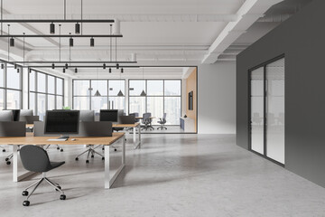 White and gray industrial style open space office interior with coworking and glass board room,...