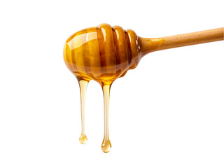 Honey dripping on wooden dripper isolated on transparent background