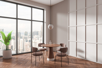 Modern dining area with table and chairs, wooden floor, panoramic city view, minimalist style, concept of contemporary home interior. 3D Rendering