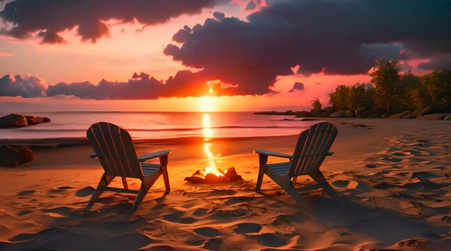 Two empty lounge chairs side by side in front of a bonfire at sandy beach during tropical sunset