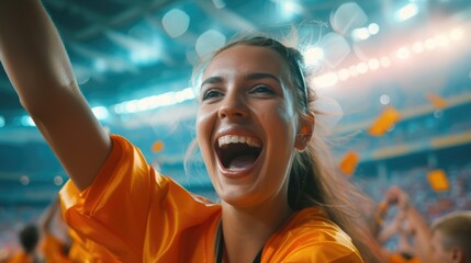 A fan is enthusiastically gesturing with her arms in the air, cheering in an electric blue hat at the entertaining competition event. AIG41 - obrazy, fototapety, plakaty