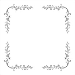 Black and white vegetal ornamental frame with leaves, decorative border, corners for greeting cards, banners, business cards, invitations, menus. Isolated vector illustration.	
