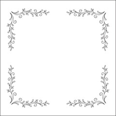 Black and white vegetal ornamental frame with leaves, decorative border, corners for greeting cards, banners, business cards, invitations, menus. Isolated vector illustration.	
