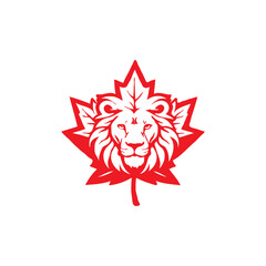 Red maple leaf with lion head vector logo design concept.
Canadian maple leaf with lion symbol.