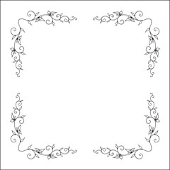 Black and white vegetal ornamental frame with leaves and butterflies, decorative border, corners for greeting cards, banners, business cards, invitations, menus. Isolated vector illustration.	
