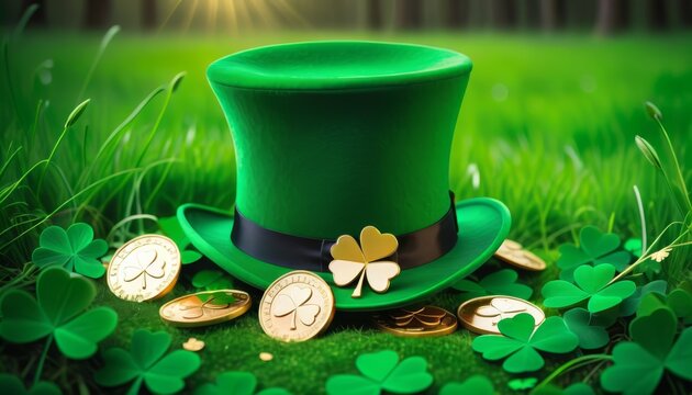 This tranquil image captures a solitary leprechaun hat amongst a serene field of clovers, with coins subtly scattered, symbolizing peace and good fortune.. AI Generation