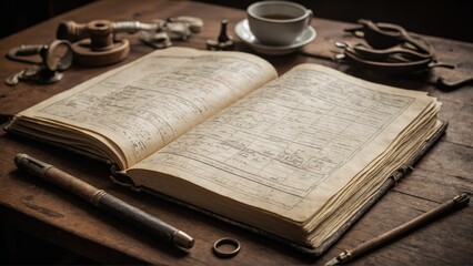 A detailed image of a vintage trading journal open to a well-worn chart analysis page. - obrazy, fototapety, plakaty