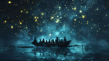 Starlit Journey in Ethereal Boat - obrazy, fototapety, plakaty